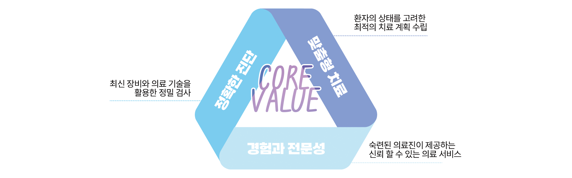 핵심가치 - 정확한 진단 / 맞춤형 치료 / 경험과 전문성